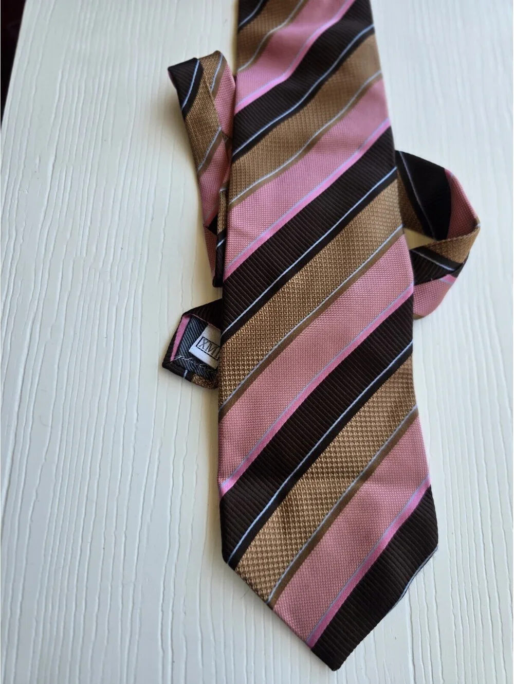 XMI Platinum Pink Brown Striped 100% Silk Men's Necktie